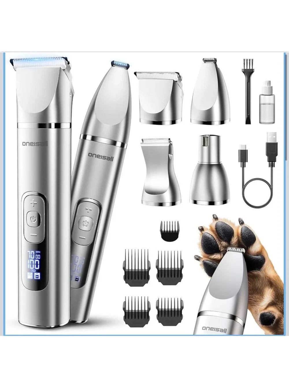 oneisall 4 in 1 Dog Grooming Kit with LCD Display - Rechargeable Pet Hair Trimer